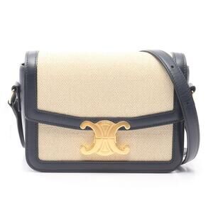 Celine Teen Triomphe Shoulder Bag Canvas Leather Beige Tan Navy Blue